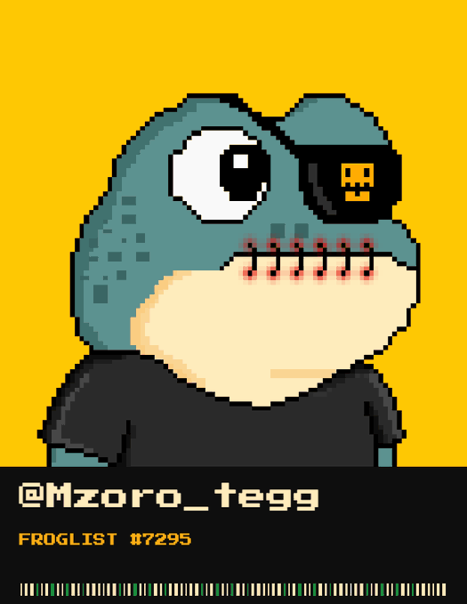 A pixel-art illustration of a blue frog-like character wearing sunglasses and a VR-like headset with the handle '@Mzoro_tegg' and 'FROGLIST 1729S' displayed below.