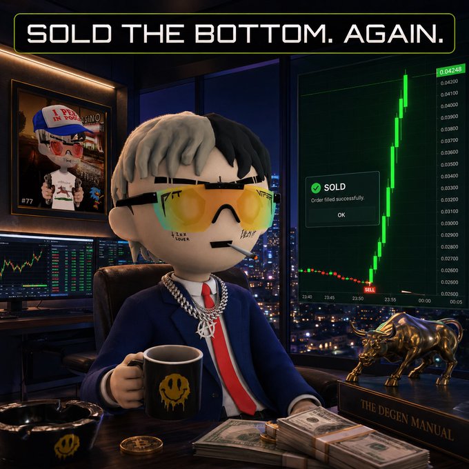 A 3D cartoon-style character in a suit and yellow sunglasses sits at a desk with cash and a mug, accompanied by the text 'SOLD THE BOTTOM. AGAIN.', a 'SOLD' notification, and a green price chart.