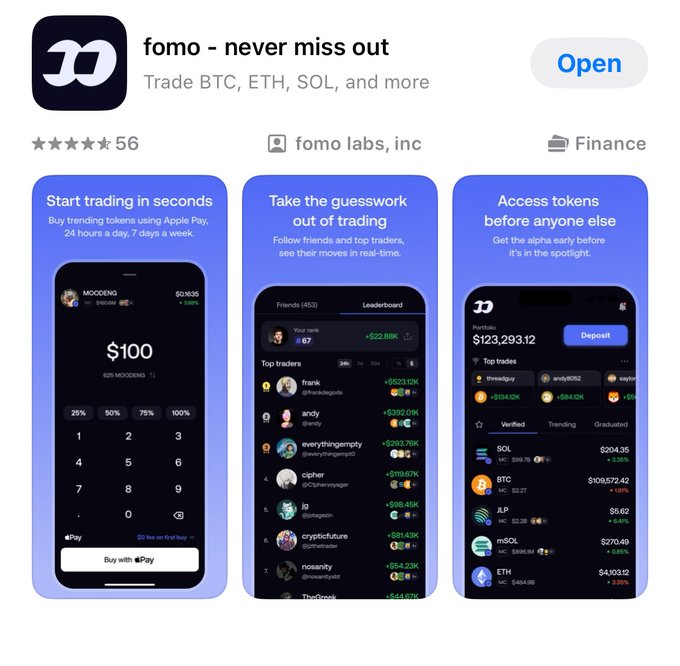 An App Store listing for the crypto trading app 'fomo - never miss out' by 'fomo labs, inc' (Finance category), showing a 4+ star rating with 56 reviews and three preview screens highlighting features like trading tokens, leaderboards, and early token access.