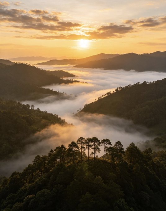 A breathtaking aerial landscape photograph of a misty mountain valley at sunrise or sunset, with golden light illuminating the fog rolling between forested ridges.