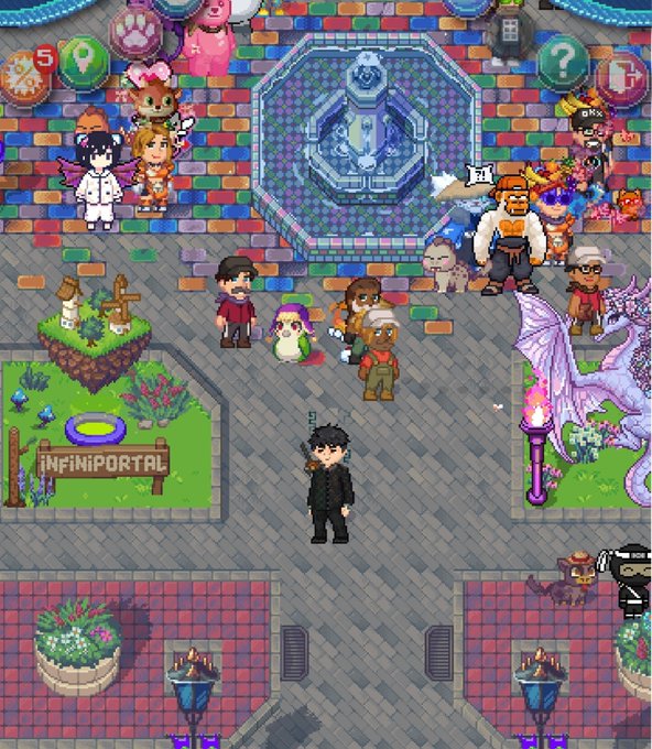 A pixel-art video game scene shows various characters gathered in a colorful plaza with a central fountain and an 'INFINIPORTAL' sign.