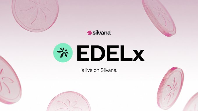 A promotional graphic with pink rose coins announcing 'EDELx is live on Silvana,' featuring the Silvana logo.
