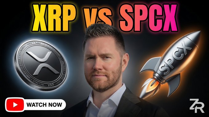 The image features a man wearing a suit, standing against a black background with a rocket behind him. The text above his head reads "XRP vs SPPCX" and below him there's a description of the rocket.