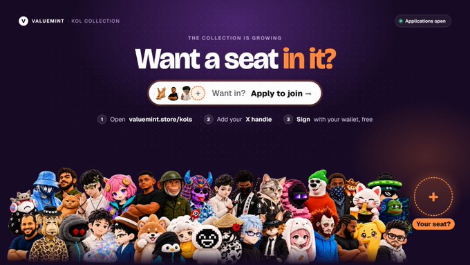 The image is a Valoriumint KOL Collection webpage featuring the text "Want a seat in it?" and "THE COLLECTION IS GROWING," with a lineup of diverse NFT character portraits and a call-to-action button directing visitors to "valuemint.store/kols" to apply for inclusion in the SoDEX Community NFT collection featured in the accompanying post.