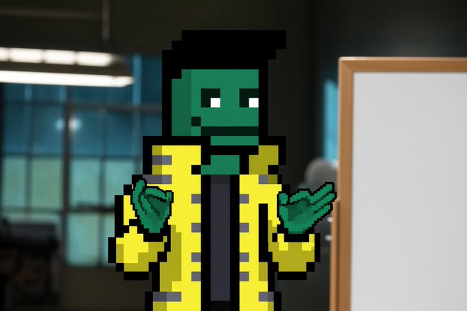 A pixel-art style character with green skin, black hair, and a yellow patterned jacket, standing in a shrugging pose in what appears to be an office setting with a whiteboard.