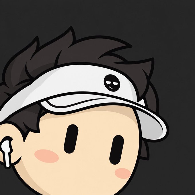 A cartoon avatar illustration of a person with dark spiky hair wearing a white visor cap featuring a small emoji logo.