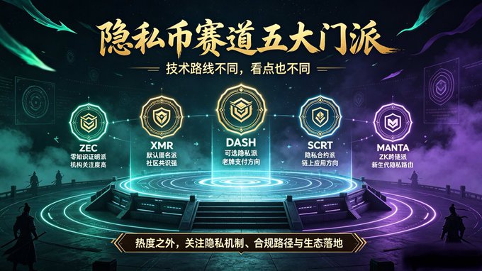 A Chinese-language infographic titled '隐私币赛道五大门派' (Five Major Sects of the Privacy Coin Track) showcasing privacy cryptocurrencies ZEC, XMR, DASH, SCRT, and MANTA with their respective characteristics.
