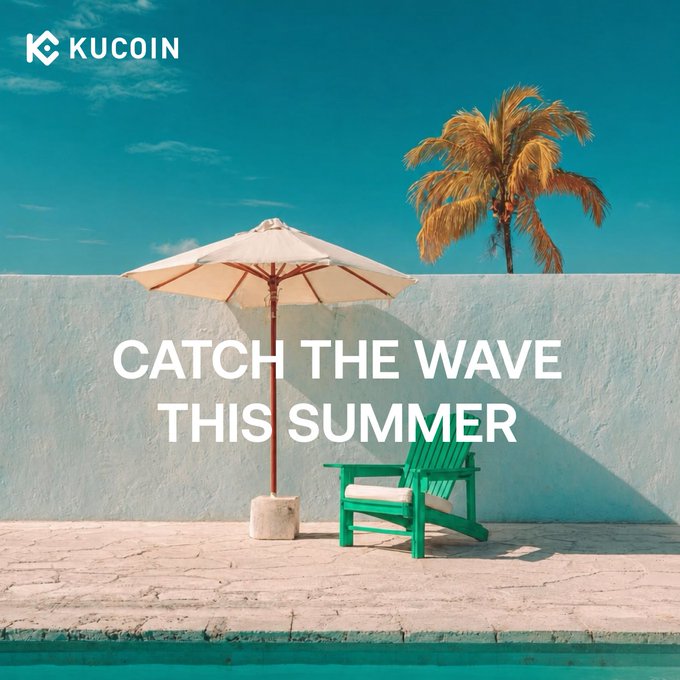 A summery KuCoin promotional image features a turquoise poolside scene with a green lounge chair under a beige umbrella and a palm tree against a bright blue sky, overlaid with the text "CATCH THE WAVE THIS SUMMER" — visually reinforcing the accompanying message urging users to claim their share of the 10,000 USDT Summer Splash pool before it ends.