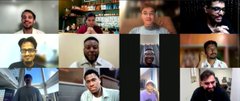 A grid view of a video call shows multiple participants, appearing to be men, in separate frames.