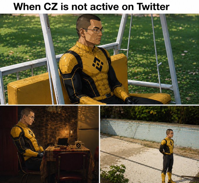 A humorous meme featuring three images of CZ Binance in his iconic yellow Binance tracksuit—sitting on a swing, dining alone at a small table, and standing by an empty pool—capturing the lonely, idle vibe of the Binance community whenever the Binance CEO goes quiet on Twitter, tagged #binanceman.