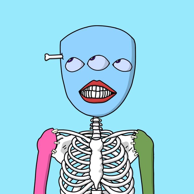 Whimsical cartoon drawing of a blue-headed humanoid figure with three eyes, a wide toothy smile, and an exposed skeletal torso against a light blue background.