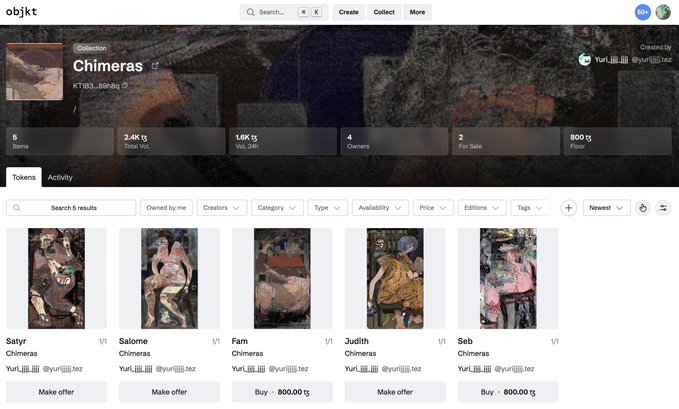 A screenshot of the Objkt marketplace displaying an NFT collection titled 'Chimeras' by Yuri, featuring five listed artworks: Satyr, Salome, Fam, Judith, and Seb, priced at 800 tez.