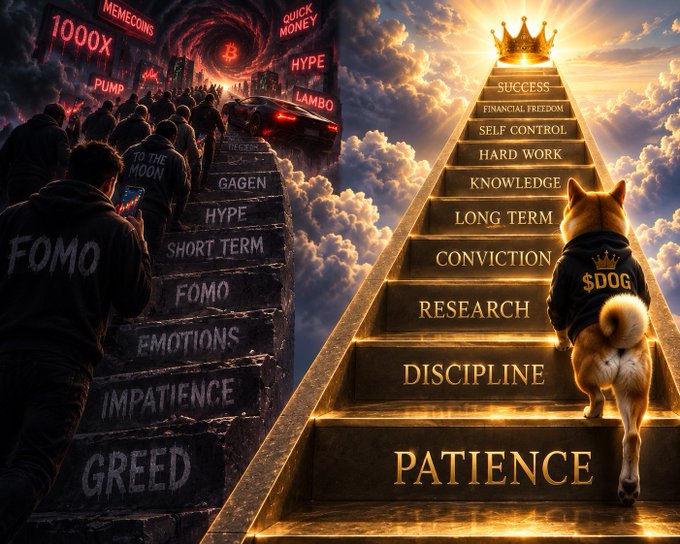 A split image contrasts the chaotic "FOMO" staircase labeled with words like "GREED," "HYPE," and "LAMBO" against a golden path of virtues—PATIENCE, DISCIPLINE, and RESEARCH—leading to SUCCESS, where a Shiba Inu wearing a "$DOG" hoodie ascends toward a crown. The visual celebrates "$DOG" as a symbol of disciplined, long-term conviction over fleeting hype and short-term speculation.