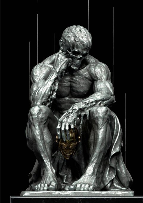 A 3D render or sculpture of a muscular, metallic silver figure in a contemplative pose resembling Rodin's 'The Thinker', but holding a golden skull with a face on it instead of resting its chin on its hand.