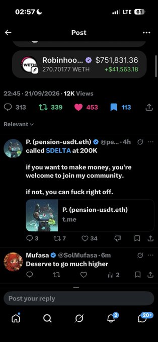A screenshot of an X post showing a WETH portfolio value of $751,831.36 for user @Robinhood..., with replies including one from @pe... promoting a community called $DELTA and another from @SolMufasa.