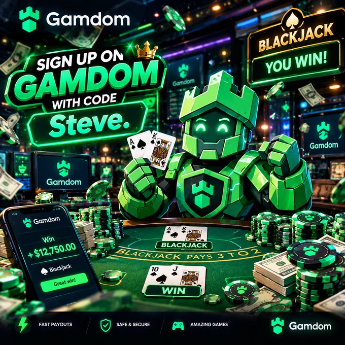 A promotional graphic for an online casino called 'Gamdom' features a green robot mascot holding playing cards, advertising sign-up with code 'Steve' and 'BLACKJACK YOU WIN!'