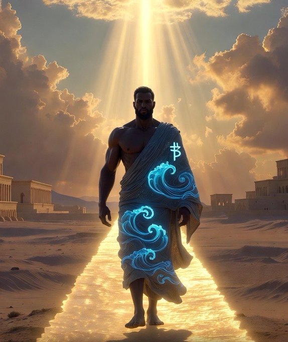 In this digital illustration, there is a muscular man wearing a robe with blue waves or swirls walking down a path towards the sun. The background features a sky filled with clouds and buildings that are also bathed in sunlight. The image has a religious theme, as indicated by the presence of the Bible verse "Psalm 37:23" (KJV) which translates to "The steps of a good man are ordered by the Lord and he delighteth in his way." This suggests that the illustration is inspired by a religious context or story.
