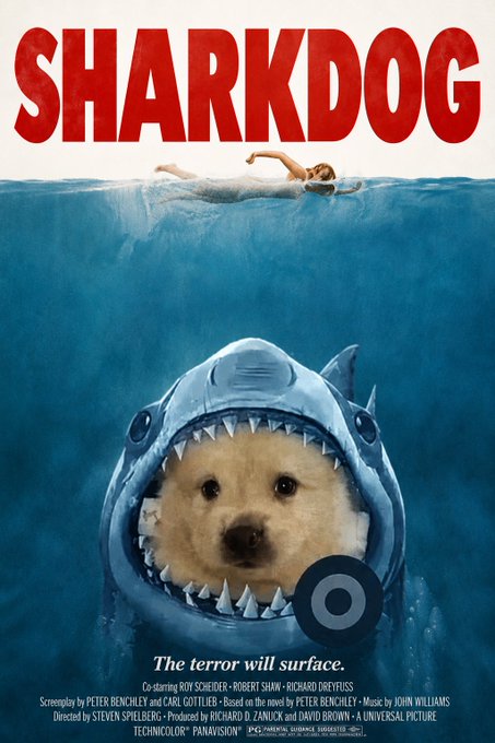 A parody movie poster titled "SHARKDOG" shows a shark with a dog's face in its open jaws underwater beneath a swimmer, styled like the classic Jaws poster.