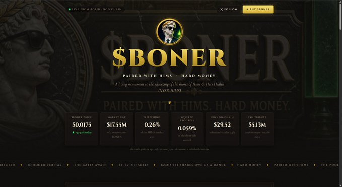 A promotional webpage for the "$BONER" cryptocurrency token on Robinhood Chain, displayed with a $0.0175 price, $17.55M market cap, and tagline "PAIRED WITH HIMS. HARD MONEY," advertising it as a meme token paired with HIMS (Hims & Hers Health, a men's telehealth company), accompanied by a contract address for trading via OKX Web3 wallet.