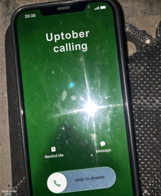 A smartphone displays an incoming call screen with a green background and the caller ID 'Uptober calling'.