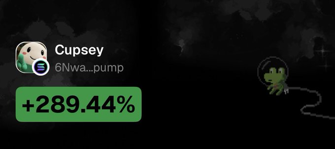 A crypto promotional graphic showing 'Cupsey' token '6Nwa...pump' with a +289.44% gain highlighted in green alongside a cartoon dinosaur character.