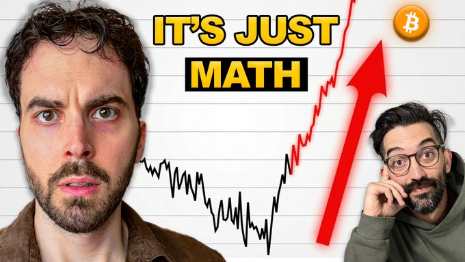A YouTube thumbnail featuring two men flanking a line graph that shows a sharp upward trend, with bold text reading "IT'S JUST MATH" and a Bitcoin (₿) logo in the corner. The image visually reinforces the post's discussion about Bitcoin's potential and the math behind financial success, tying into the conversation about owning 0.21 BTC and the "greatest trade ever."