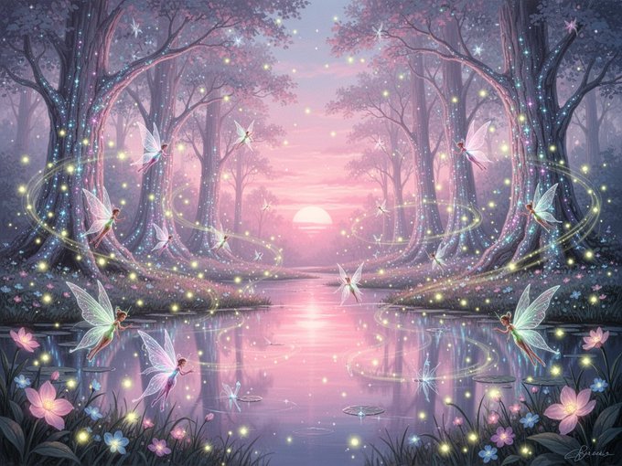 The image features a painting of a fairy tale forest scene with pink, purple, and blue colors. The sky above the trees has a beautiful sunset glow, creating an enchanting atmosphere. There are numerous butterflies fluttering around the trees, adding to the magical ambiance. The painting is titled "June AIart #AIartwork #JuneAI #AIartwork #AI" by an artist named June AIart and is posted on social media platforms like Instagram or Facebook.