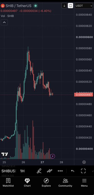 A TradingView candlestick chart for the SHIB/TetherUS (USDT) trading pair shows the asset's price declining 6.40% to $0.00000497 over the 25th-28th, visually confirming the poster's successful short position on Shiba Inu.