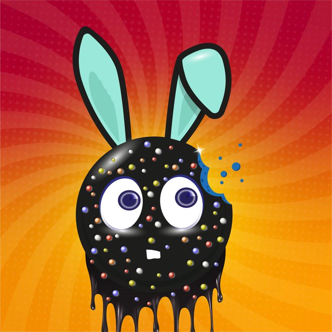 A cartoon illustration of a chocolate-covered bunny head with colorful sprinkles and a bite taken out, dripping against a red and orange sunburst background.