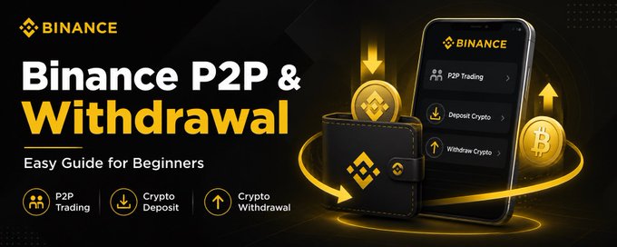 A promotional banner for "Binance P2P & Withdrawal - Easy Guide for Beginners" featuring the Binance logo, a smartphone displaying P2P Trading, Deposit Crypto, and Withdraw Crypto options, alongside a wallet and Bitcoin coin graphics, highlighting three key features: P2P Trading, Crypto Deposit, and Crypto Withdrawal.