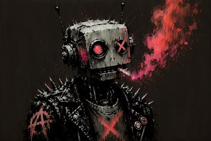 A dark, gritty illustration of a cybernetic robot with an antenna-covered metallic head, glowing red eye, spiked shoulder armor, and punk aesthetic details including an anarchy symbol and skull pins.