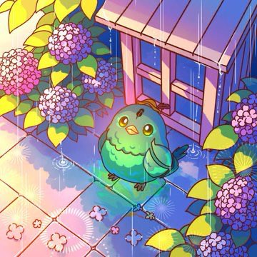 A colorful illustration of a small green bird with yellow markings sitting on a wet tiled surface next to a wooden stool, surrounded by pink hydrangea flowers and green leaves in the rain.