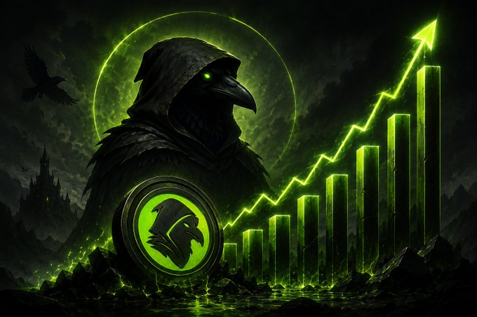 A hooded raven figure looms before a glowing green moon alongside a rising bar chart with an upward arrow, visually representing the compounding growth of the $RVH token through buybacks, burns, and increasing scarcity. A circular emblem featuring the raven's profile reinforces the token's branding as the dark, mystical imagery symbolizes the relentless upward trajectory of value within the Ravenhood ecosystem.
