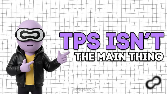 The image features a 3D cartoon character wearing a VR headset and black jacket pointing at the text "TPS ISN'T THE MAIN THING," which aligns with the post's message that optimum blockchain performance isn't about Transactions Per Second but about efficient data propagation using RLNC instead of the Gossip protocol.