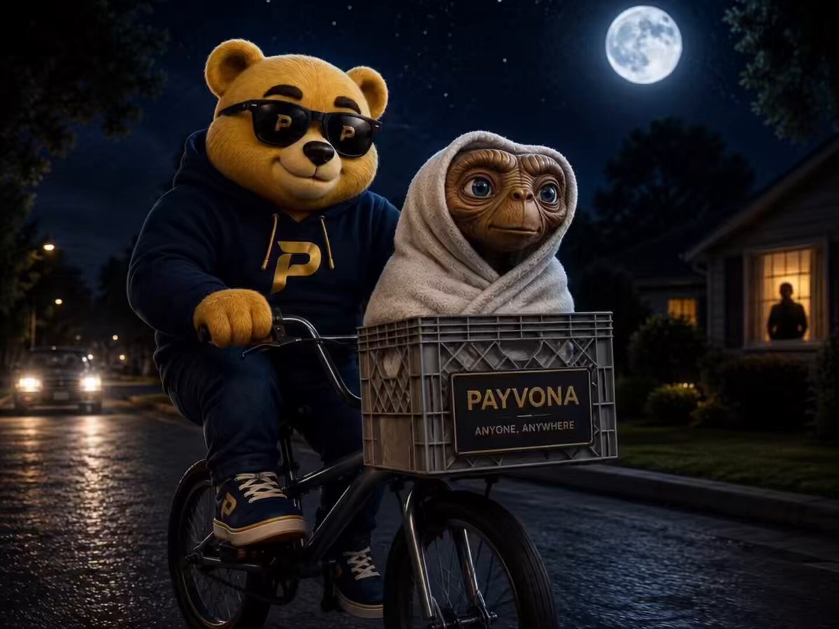 The image features a bear wearing sunglasses, riding a bicycle with a crate attached to its back. The background shows a full moon and houses, creating an interesting contrast between the natural world of the bear and the man-made structures around it. In the bottom right corner of the image, there is text that reads "Payvona is slowly trending and catching fire $SOL $BTC $ETH". This suggests that the bear's unique appearance and the crate attached to its back are becoming popular among people who appreciate the combination of humor and novelty in the scene.