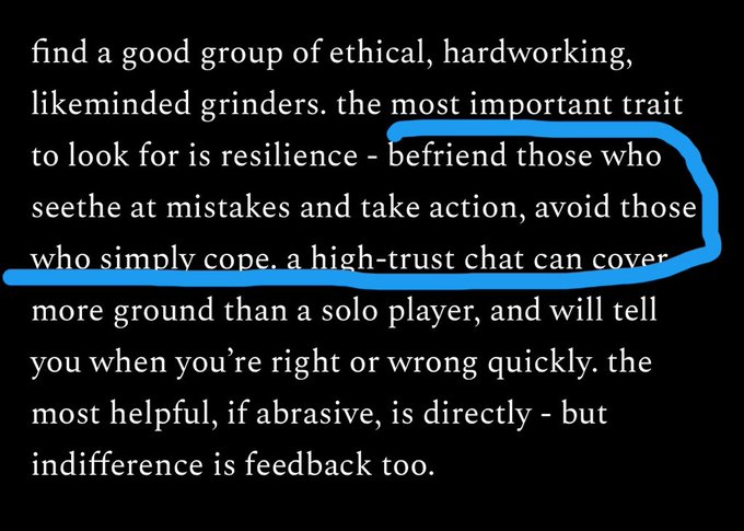 A text excerpt from an article by @izebel_eth highlights the importance of surrounding oneself with resilient, hard-working peers who take action against mistakes rather than simply coping, with a portion circled in blue emphasizing resilience and reacting to mistakes. The caption relates to the post's theme of using mistakes as motivation in crypto trading, reinforcing the idea that a strong, action-oriented mindset—rather than indifference—is key to growth.