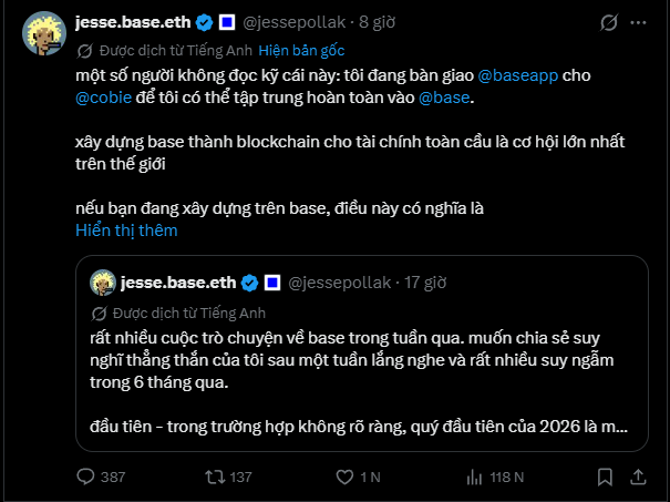 A screenshot of a tweet by Jesse Pollak (@jessepollak) announcing he is handing over @baseapp to @cobie to focus entirely on building Base, stating "xây dựng base thành blockchain cho tài chính toàn cầu là cơ hội lớn nhất trên thế giới" (building Base into the blockchain for global finance is the biggest opportunity in the world), with 387 comments, 137 reposts, 1N likes, and 118N views. The image directly corresponds to the post's mention of Pollak stepping away from Base App to focus on building Base into a major financial blockchain.