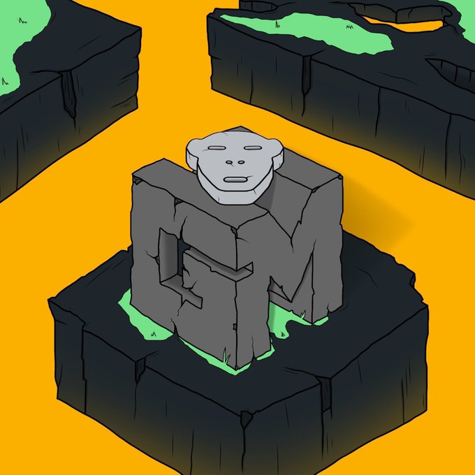 A cartoon-style illustration showing a gray stone block carved to look like a gorilla or ape figure, sitting on a rocky platform with green grass, surrounded by orange water or lava and other similar rock platforms.