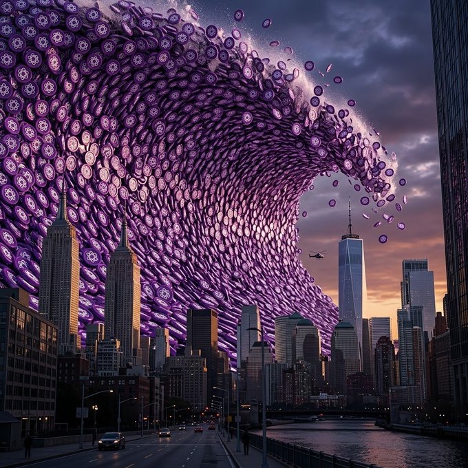 A colossal wave of purple coins crashes over the New York City skyline, with one recognizable Freedom Tower and a helicopter visible against the dramatic sunset. The scene visually reinforces the $XPR (XPRNetwork) cryptocurrency post, depicting the token's overwhelming presence over the iconic Manhattan cityscape.