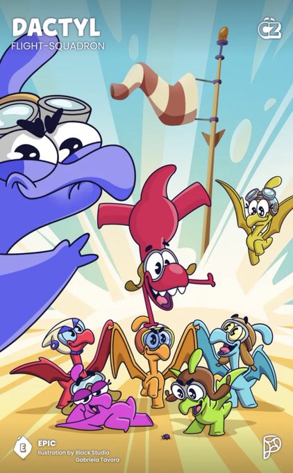 Promotional artwork for the game 'DACTYL FLIGHT SQUADRON' showing cartoon pterodactyls dressed as pilots, with credits to 'Block Studio' and 'Gabriela Tavora' and an Epic Games logo.