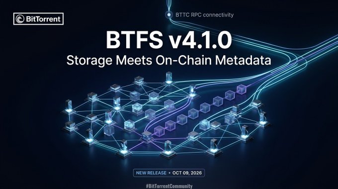 A BitTorrent promotional graphic announcing BTFS v4.1.0 with the tagline 'Storage Meets On-Chain Metadata,' highlighting BTTC RPC connectivity as a new release dated October 9, 2026.