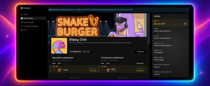 A screenshot of a Neuron platform page showing a 'Slippy Cub' NFT collection called 'Snake 'U' Burger' with reputation and contribution leaderboards.
