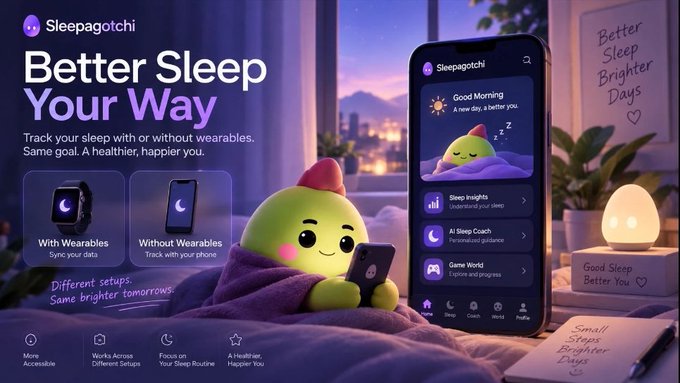 A promotional graphic for the "Sleepagotchi" app featuring the tagline "Better Sleep Your Way," showing a cute green character sleeping under a blanket while using a smartphone, with the app interface displaying features like "Sleep Insights," "AI Sleep Coach," and "Game World," alongside options to track sleep "With Wearables" or "Without Wearables."

The image aligns with the post's message about "Sleep-to-earn" being just the beginning, visually showcasing Sleepagotchi's evolution into a broader sleep-tracking and gamified wellness app that goes beyond its original crypto-rewards concept to emphasize personalization and habit-building.