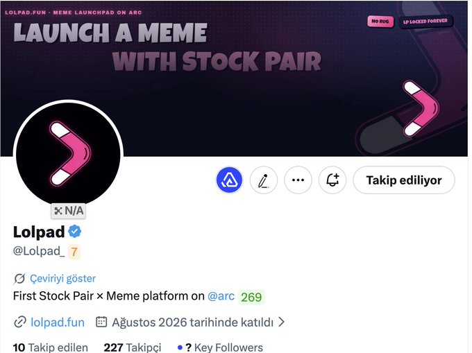 The image shows the Twitter/X profile page for @Lolpad_, a verified account with 227 followers, branded as "LOLPAD.FUN - MEME LAUNCHPAD ON ARC" with the tagline "Launch a Meme with Stock Pair." The bio confirms it as the "First Stock Pair x Meme platform on @arc" with 269 linked mentions, matching the post's claim about being the first stock pair meme token launchpad on the ARC network.