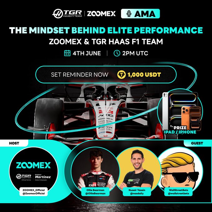 The image features a poster for an event called "The Mindset behind Elite Performance" that takes place at Zoomex, scheduled for the 4th of June. The event aims to promote the idea of having a positive mindset and its impact on performance in various aspects of life, including racing. The poster includes three men who are participating in this event: two men wearing sunglasses and one man with a hat.

The poster also mentions that there is an iPad + iPhone giveaway set up for the event, which will be held at Zoomex from 2pm to 3pm on Thursday. Additionally, there is a prize of 1,000 US dollars for those who attend the event.