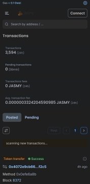 A dark-themed mobile wallet interface, appearing to be the OEX Wallet, displaying 3,594 transactions on OEXChain with 0 pending transactions and a 0 JASMY transaction fee.