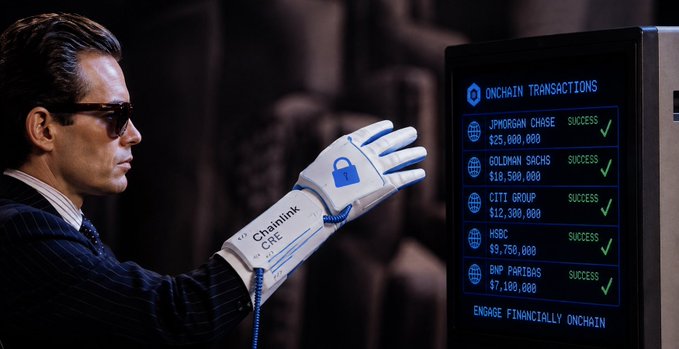 A suited man wearing a "Chainlink CRE" branded glove displays a screen showing successful onchain transactions with major financial institutions—JPMorgan Chase ($25M), Goldman Sachs ($10.5M), Citi Group ($12.3M), HSBC ($9.75M), and BNP Paribas ($7.1M)—symbolizing Chainlink Runtime Environment's seamless integration of traditional finance with blockchain workflows.