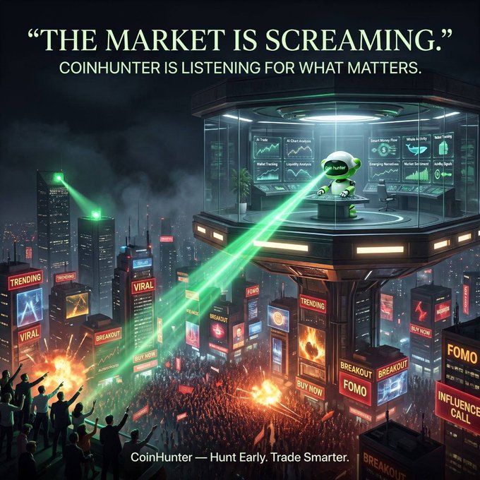 The image shows a futuristic cityscape with billboards displaying "TRENDING," "VIRAL," "BREAKOUT," "FOMO," "BUY NOW," and "INFLUENCER CALL," while a high-tech observation tower labeled "Hunter" scans the chaos below with green laser beams. The headline reads **"THE MARKET IS SCREAMING. COINHUNTER IS LISTENING FOR WHAT MATTERS,"** with the tagline "CoinHunter — Hunt Early. Trade Smarter."

The visual reinforces the post's message perfectly: amid all the market noise and hype ("TRENDING," "VIRAL," "FOMO"), CoinHunter rises above to cut through distractions and focus on what truly matters, like AI Trade, AI Chart Analysis, and whale activity.