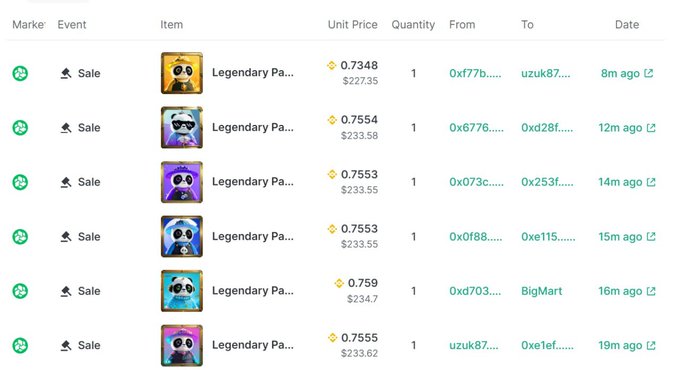 A marketplace sales history showing multiple 'Legendary Pa...' NFT sales priced around 0.7348-0.759 ETH ($227-234), with various buyer and seller addresses and timestamps from 8-19 minutes ago.