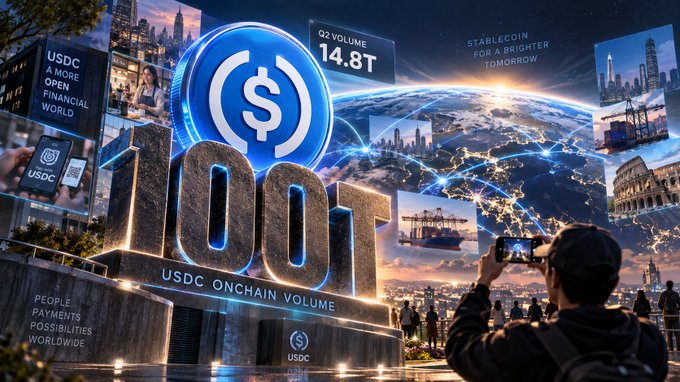 A promotional graphic for USDC (USDC ONCHAIN VOLUME) displaying 100T and Q2 VOLUME 14.8T, with text like 'STABLECOIN FOR A BRIGHTER TOMORROW' and 'PEOPLE PAYMENTS POSSIBILITIES WORLDWIDE'.
